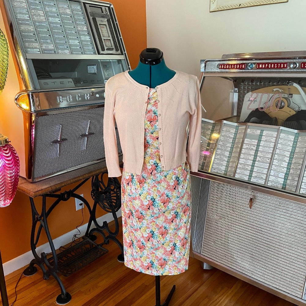 Voodoo Vixen Floral Pencil Dress and beaded Cardigan Sz. L EUC